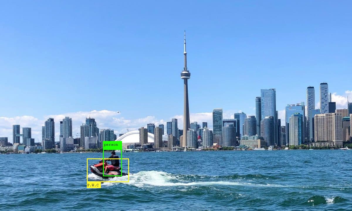 AI detection bounding boxes tracking a personal watercraft and rider near the Toronto skyline